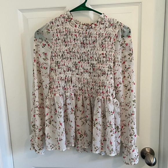 Floral Smocked Blouse - White and Pink - Picture 1 of 3